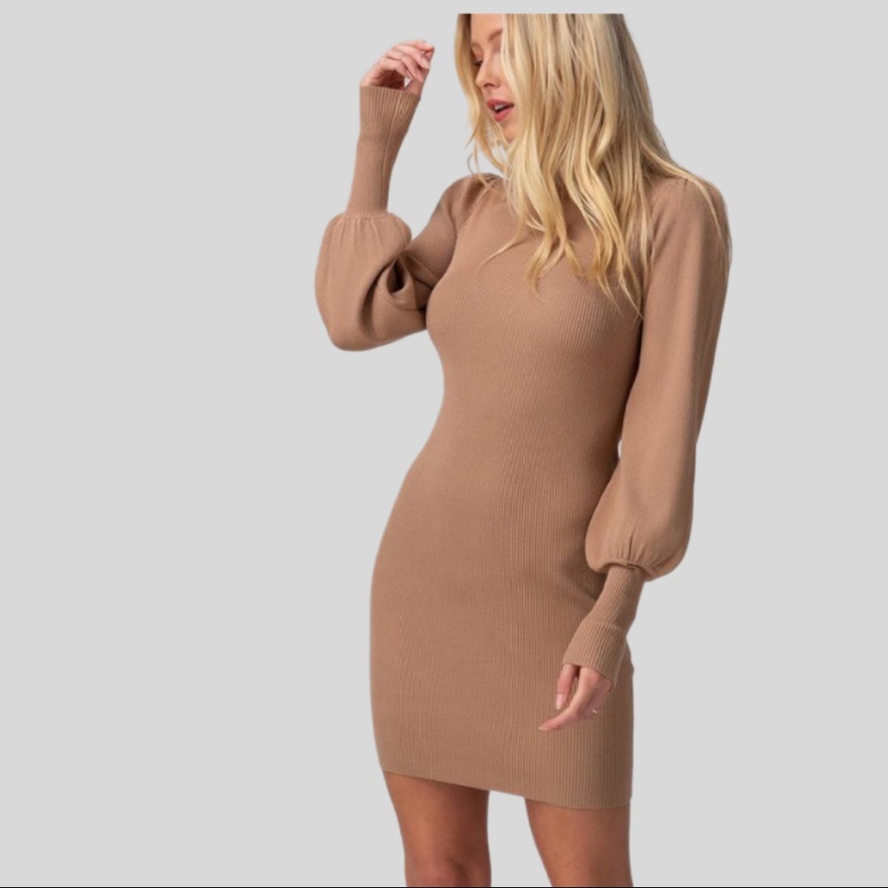 Love Tree Puff Sleeve Sweater Dress In Camel